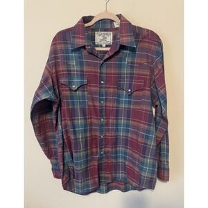 Vintage Ely Western Shirt Mens Large Thin Plaid Burgundy Teal Pearl Buttons Euc